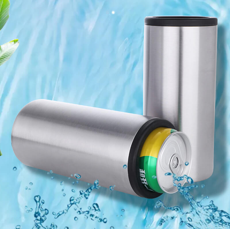 silver portable beverage cooler with canned drinks
